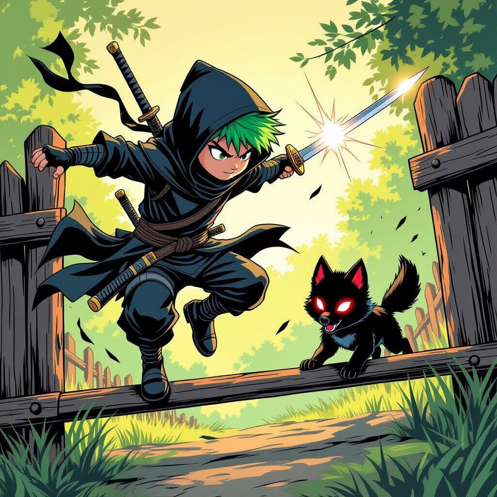 Green-Haired Boy Jumps Fence With Sword, Wolf Cub Chasing