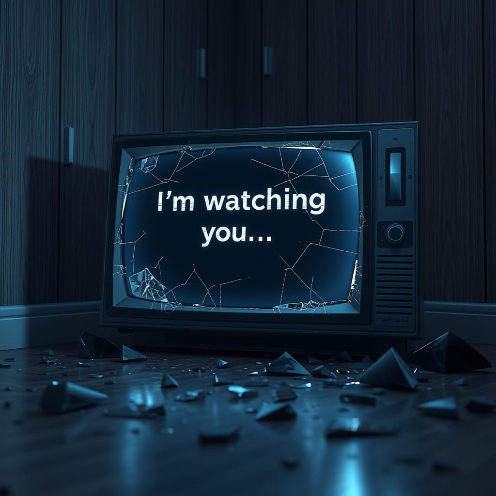 Broken TV with Threatening Message in Anime Style