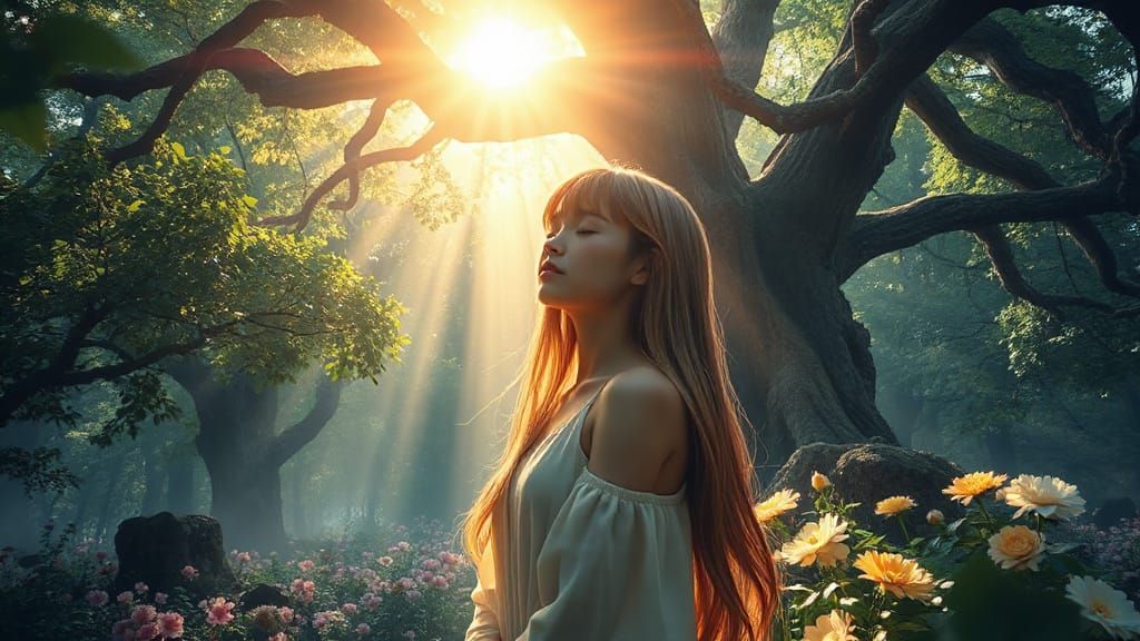 Anime Girl Meditating in Luminous Forest, Art Nouveau Style