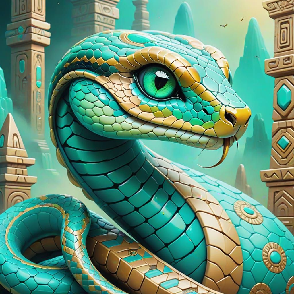 Surreal Whimsical Snake in Aztec Temple with Alien Artifacts