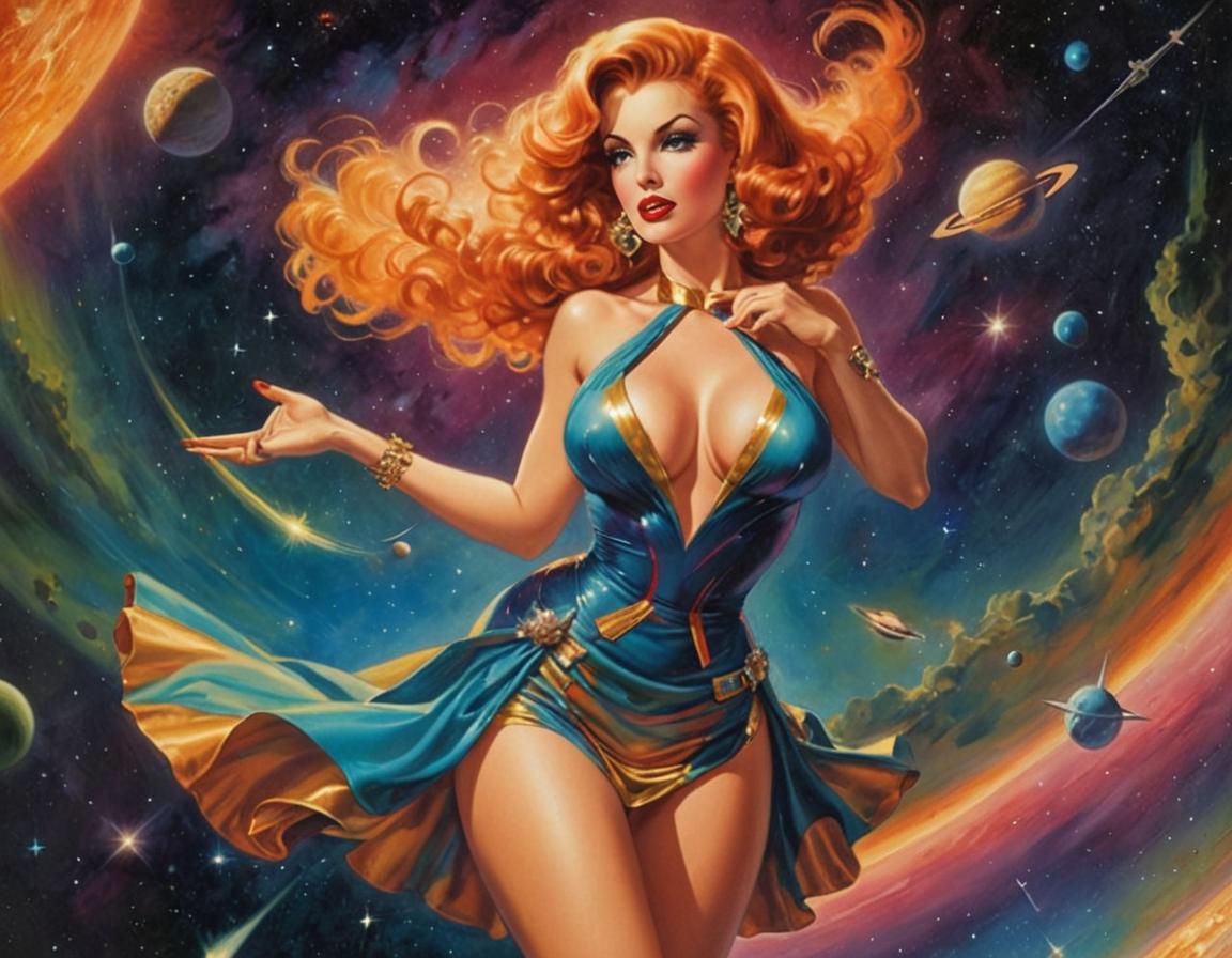 Retro Pinup Woman in Space, Vargas Style