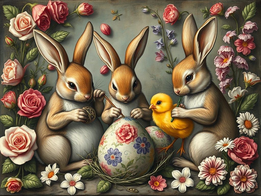 Bunnies Painting Easter Eggs in Renaissance Style