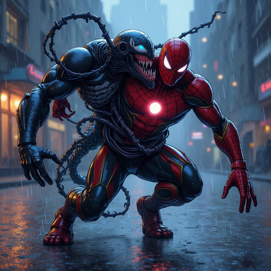 Spiderman Merges with Venom, Constricting Iron Man in a Dark...