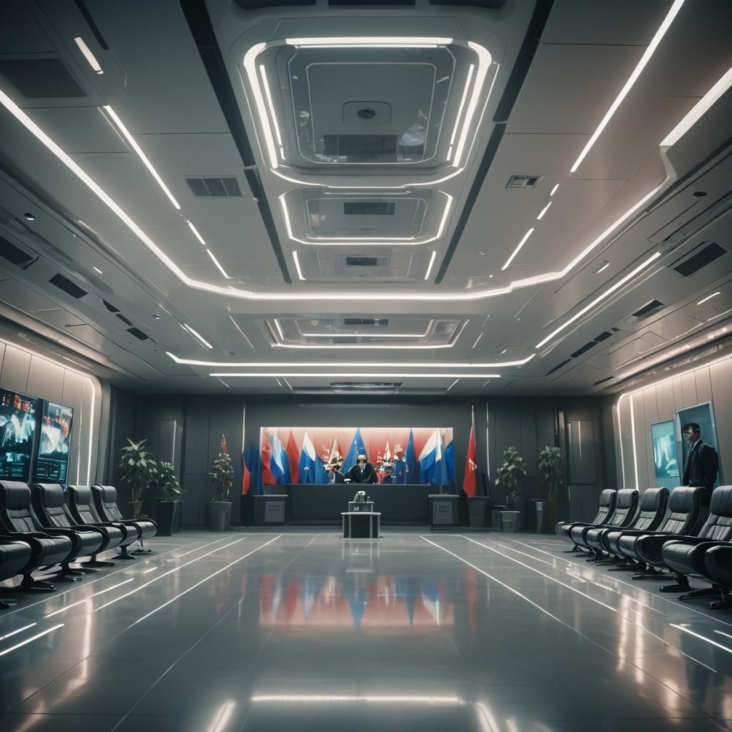 Futuristic Political Meeting Room with Russian Undertones