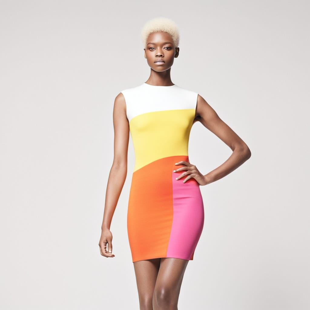 Albino Model in Vibrant Pink, Yellow, and Orange Dress