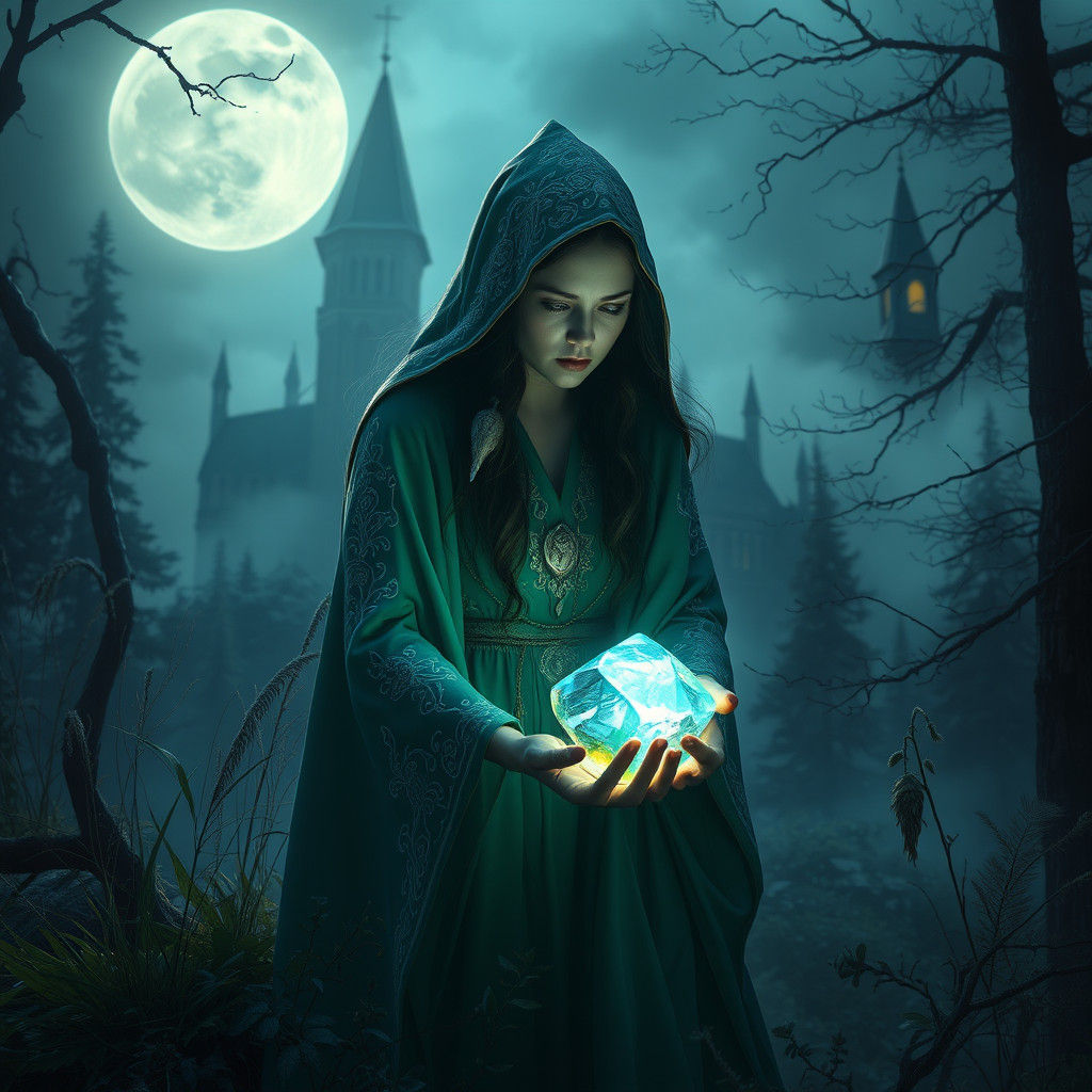 Mystical Witch in Enchanted Forest Under Moonlight