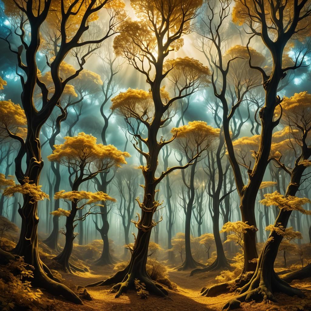 Golden Fractal Forest: Surreal Dreamscape in a Wide-Angle Vi...