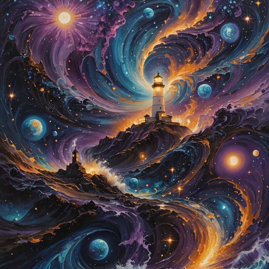 Cosmic Lighthouse Waves in Surrealist Style