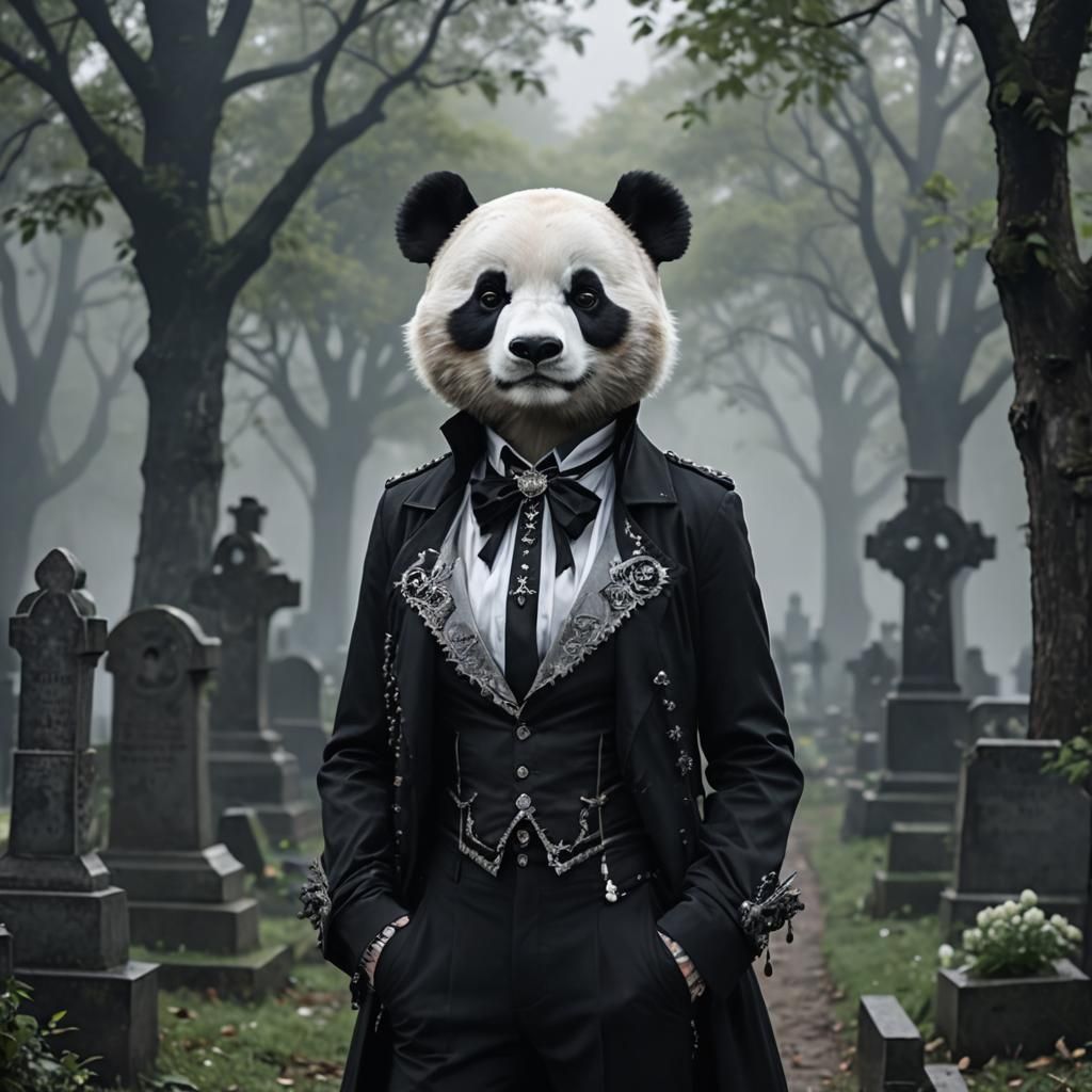 Elegant Gothic Panda in Cemetery Setting