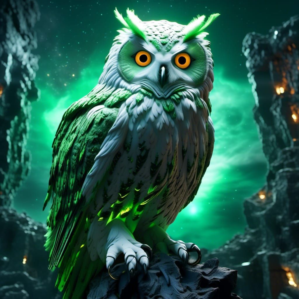 Colossal White and Green Owl in Space