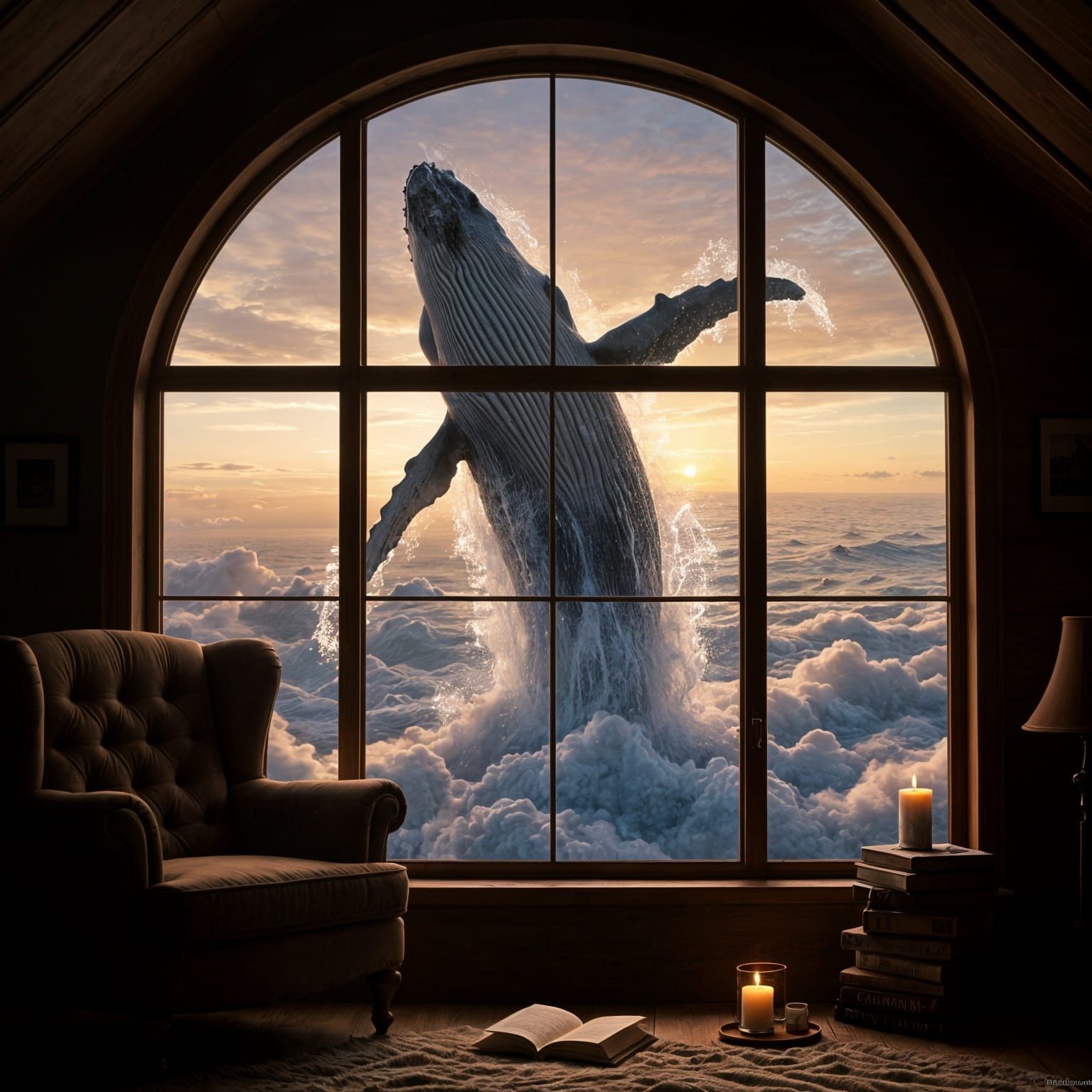 Whale Breach Over Sunset Clouds in Cozy Attic Window