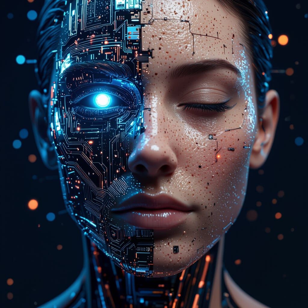 Hyperrealistic AI Face: Human Skin Meets Glowing Circuits