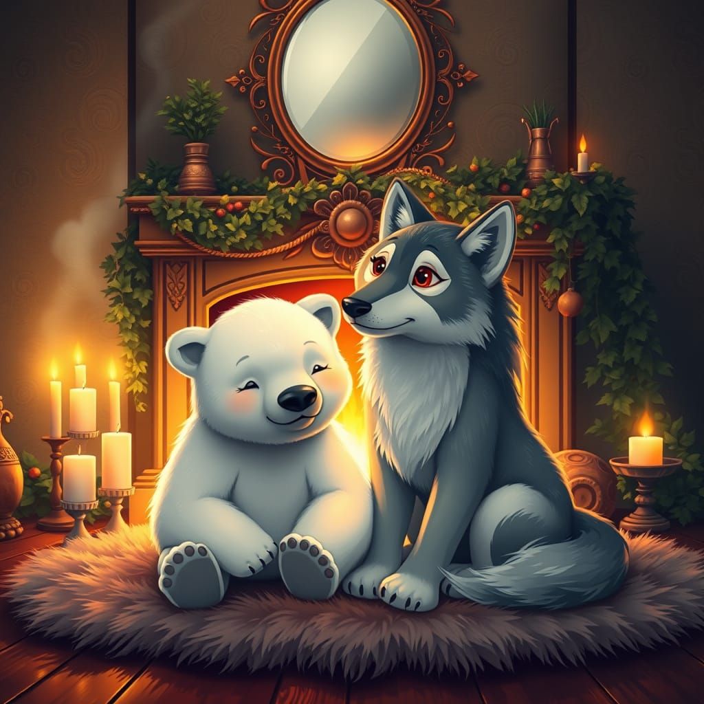Cozy Polar Bear and Wolf Duo by the Fireplace