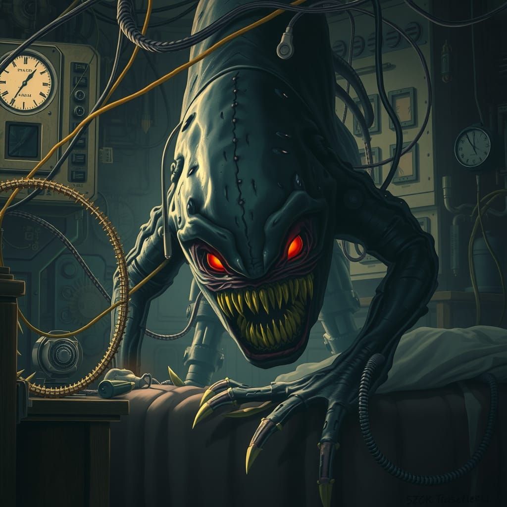 Ominous Monster Lurking Under Bed in Gothic Style