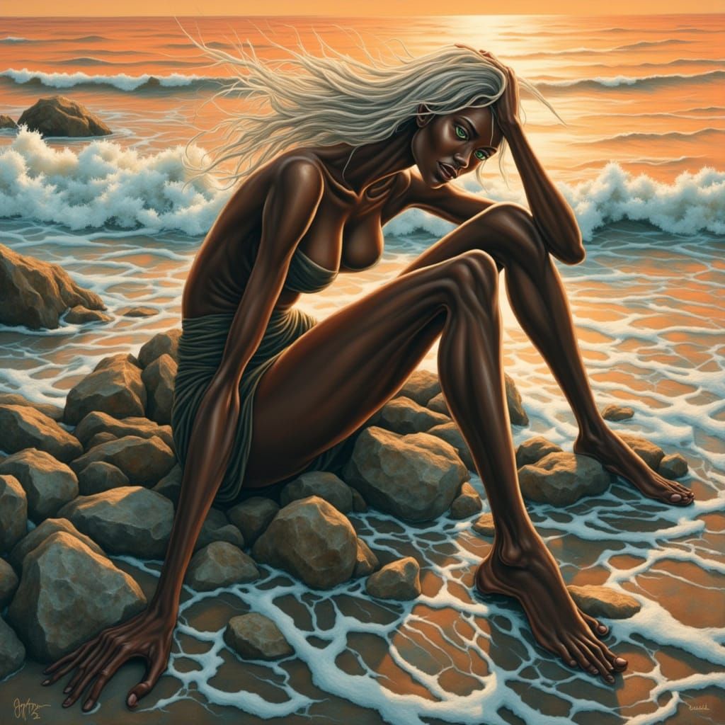 Surreal Black Woman in Peach Light on Shore