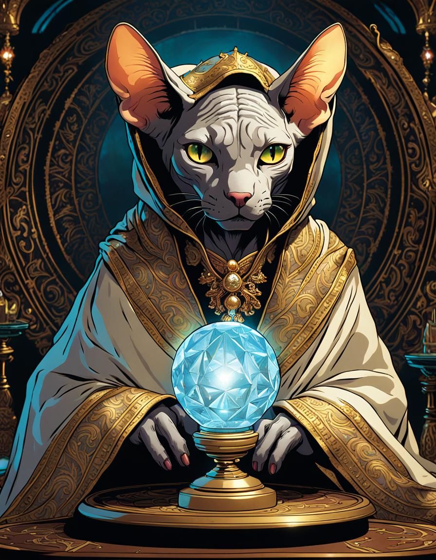 Anthropomorphic Sphinx Cat with Crystal Ball