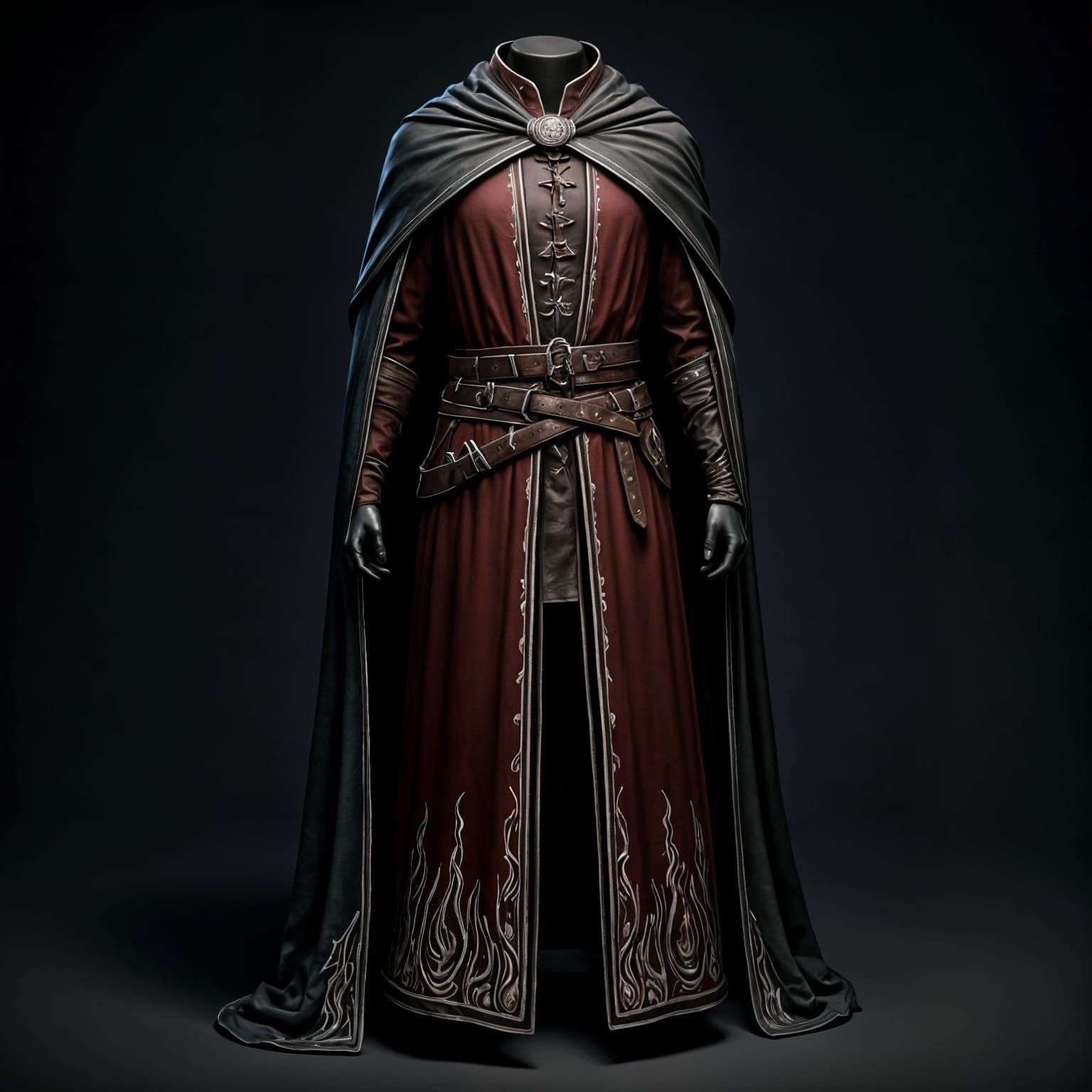 Dark Crimson Mage Robe with Silver Embroidery and Leather Ac...