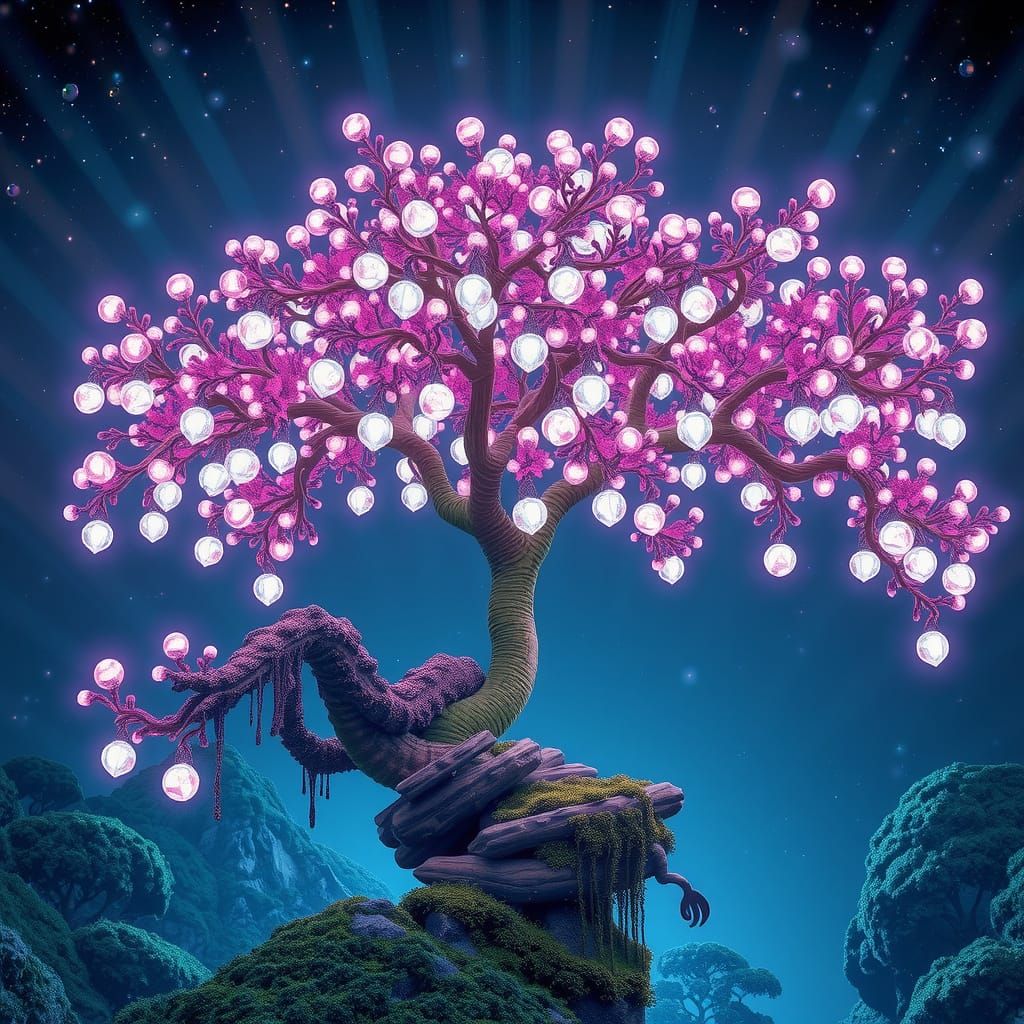 Majestic Tree with Iridescent Orbs, Crystal Leaves, and Spar...