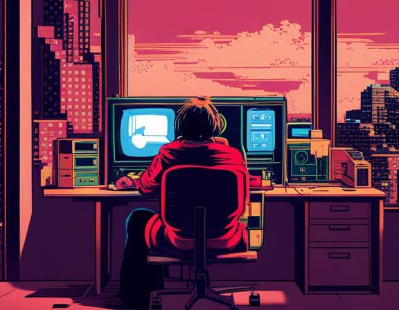 Cyberpunk Hacker on Z80 Computer: Anime Style