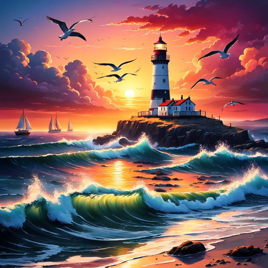 Surreal Sunset Seascape in Vibrant Neon Colors