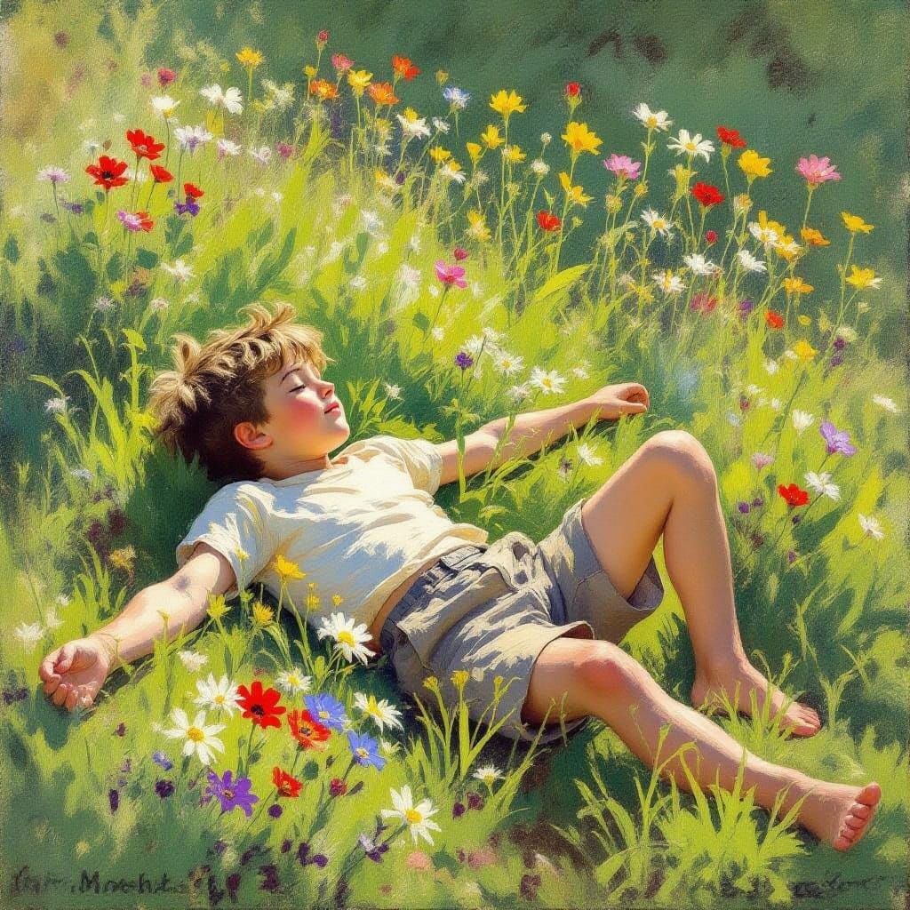Barefoot Boy in Summer Meadow, Impressionistic Style