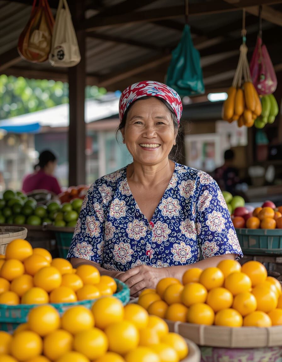 Candid Market Scene: Indonesian Woman in Batik