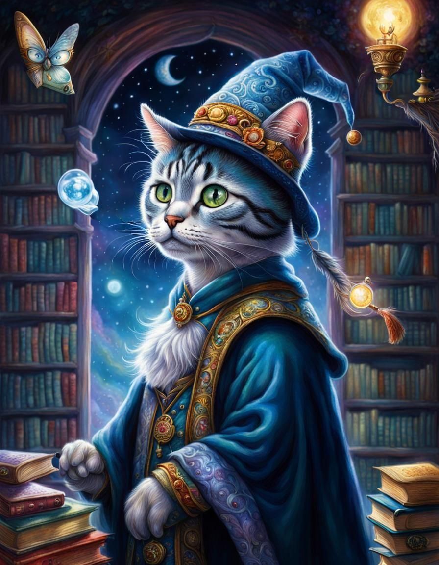 Cat Wizard in Magical Library, Animated Style
