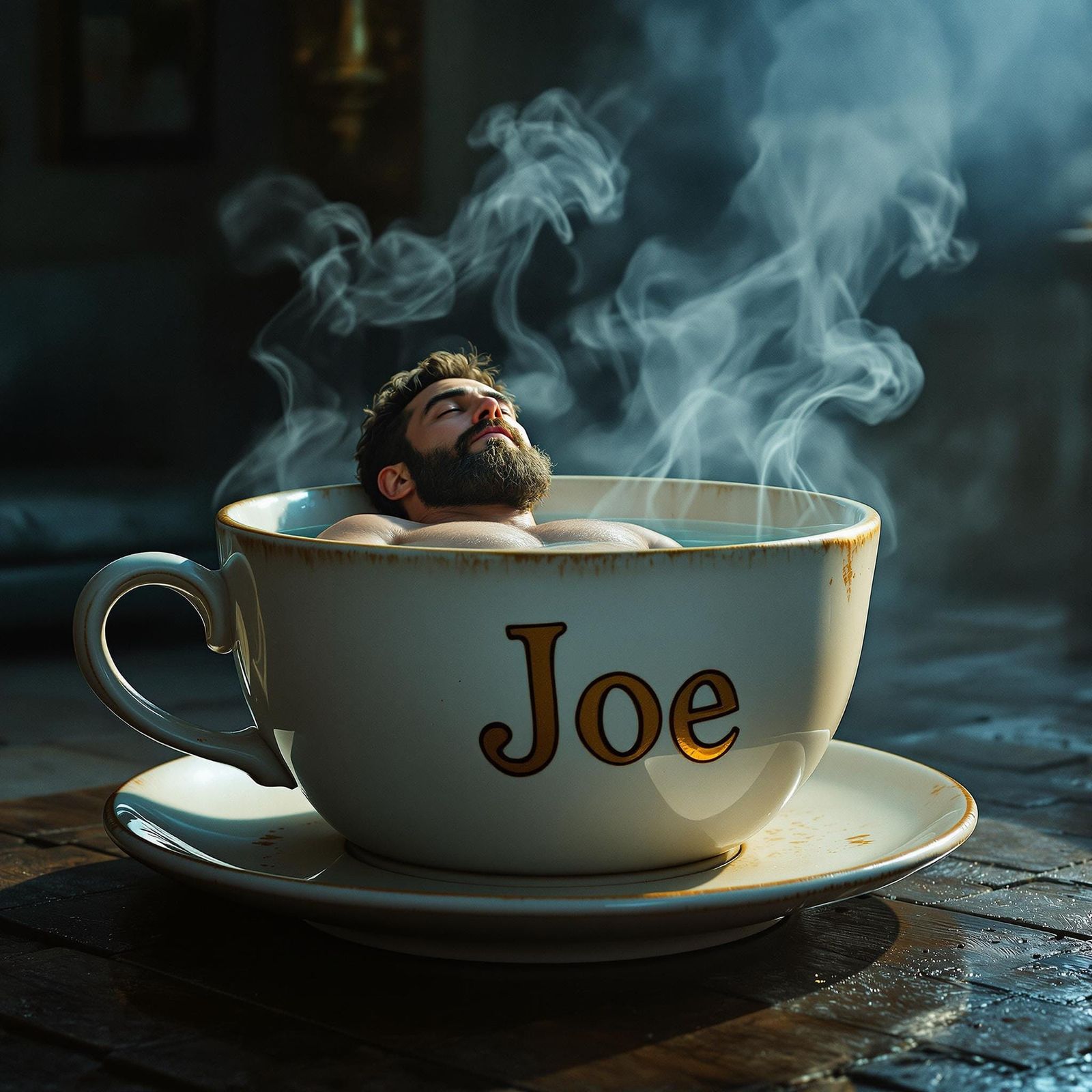 Man Relaxing in Coffee Cup Hot Tub