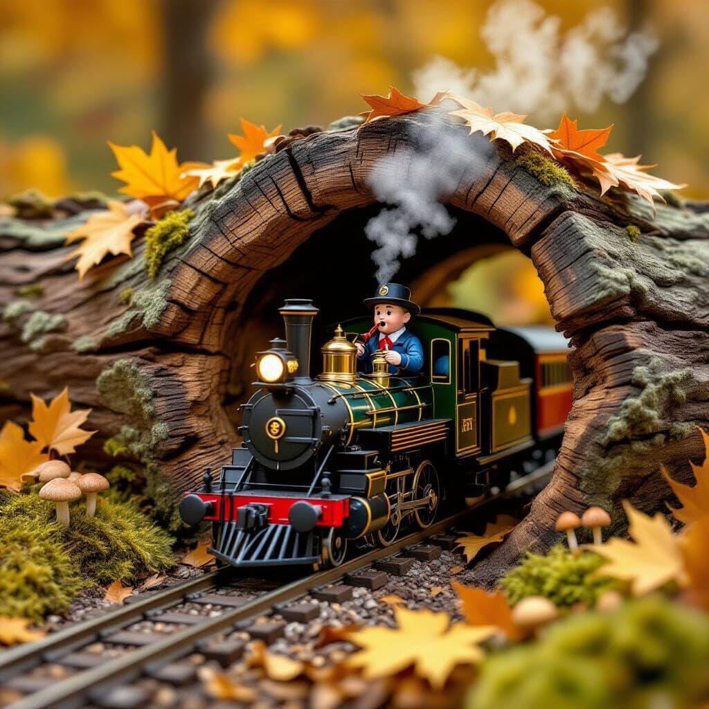 Miniature Steam Train in Autumn Log Tunnel