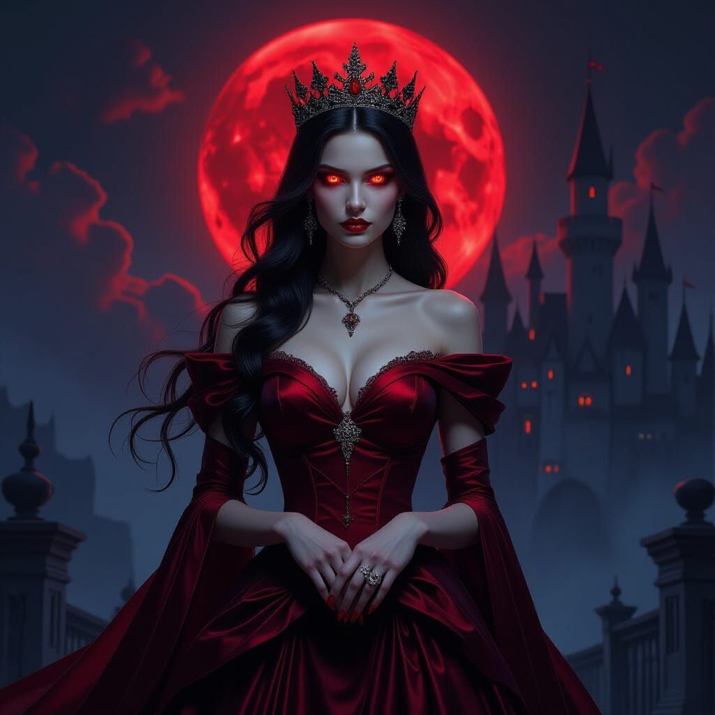 Dark Queen Under Red Moon in Shadowy Castle