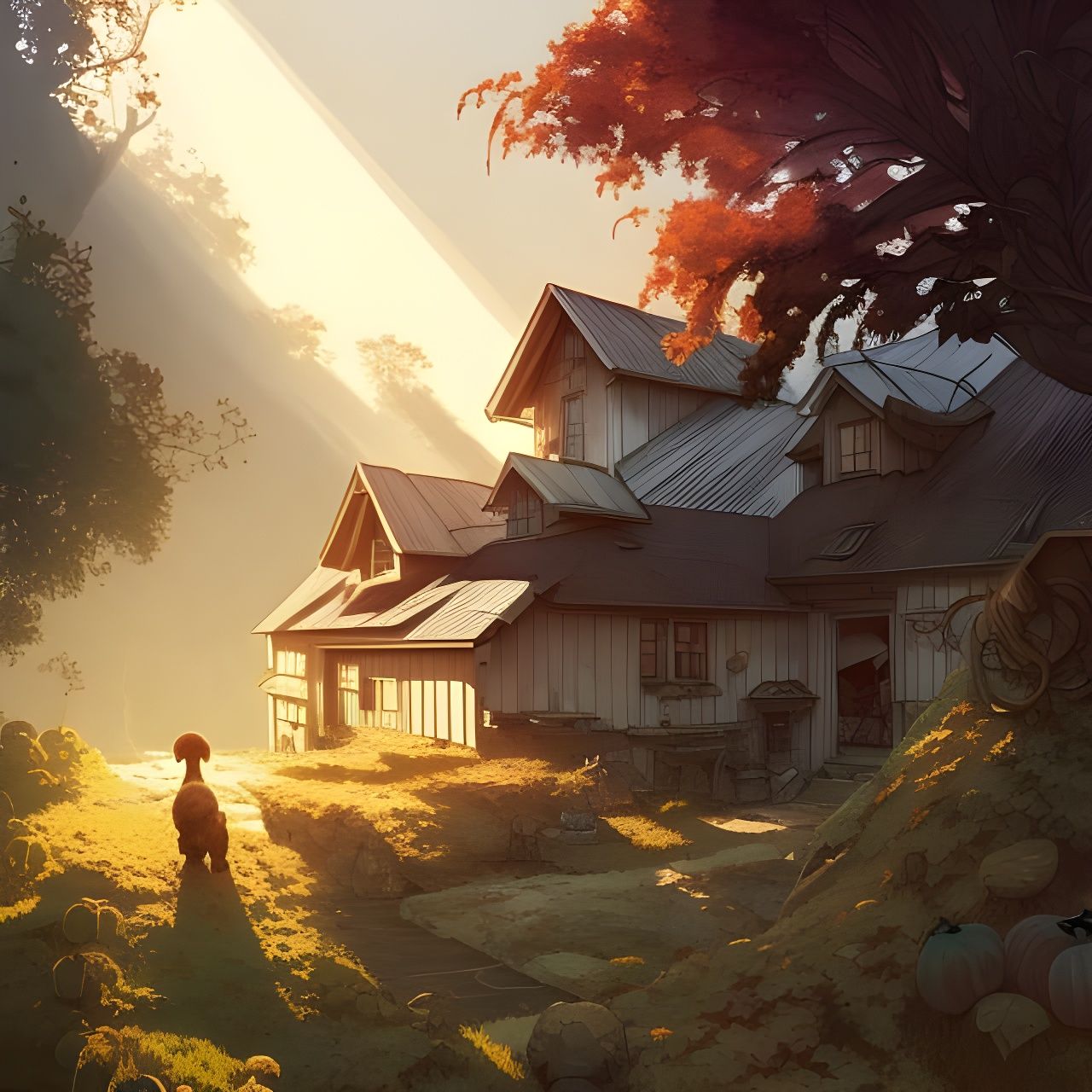 Farmhouse in Autumn Sunlight: Digital Illustration