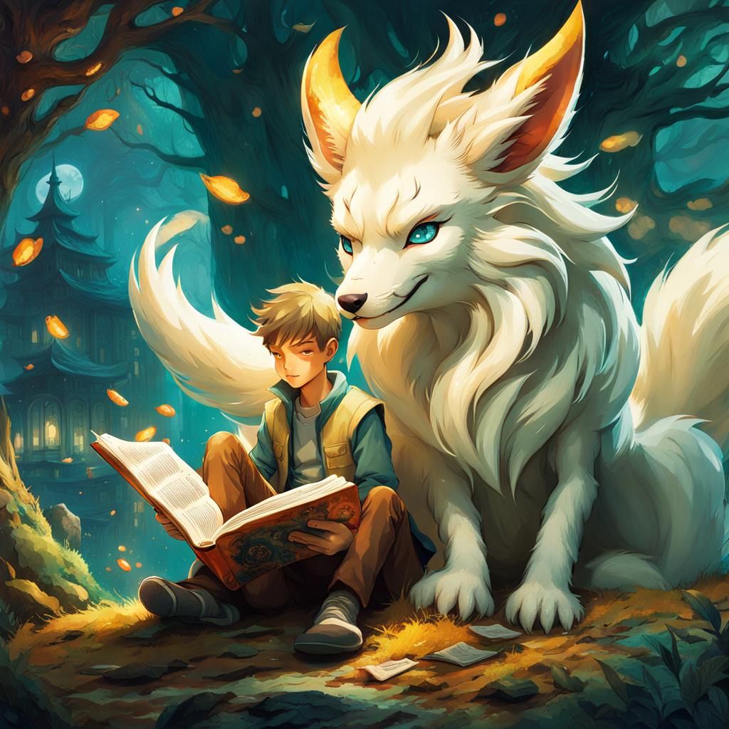Boy and Ninetails Reading Comics: DreamWorks Style