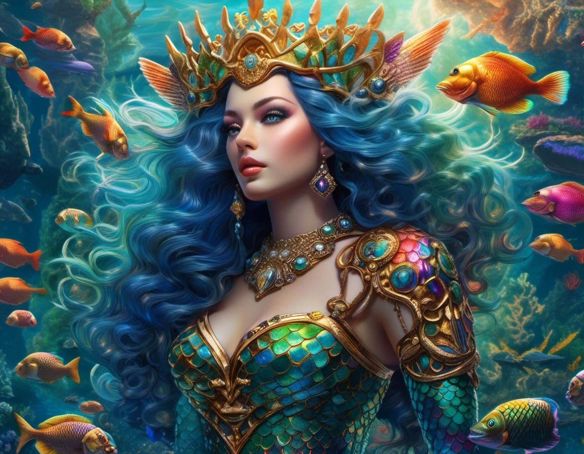 Oceanpunk Mermaid Goddess with Rainbow Scales