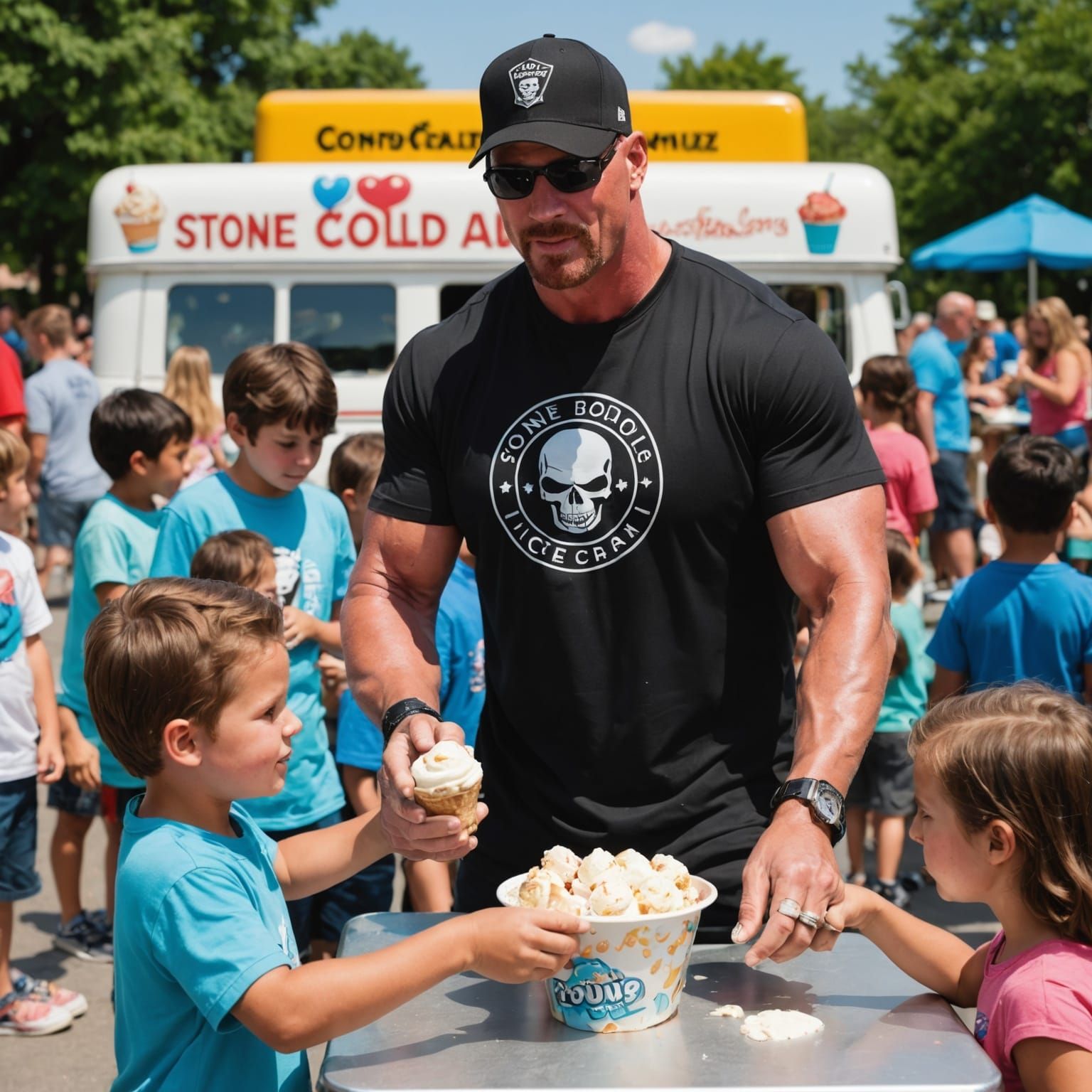 Stone Cold Steve Austin serving ice cream to kids