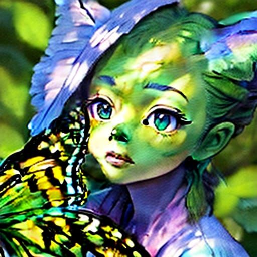 Whimsical Green Alien Baby Holds Butterfly in Woods