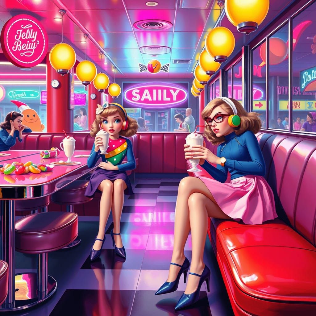 Vibrant 1950s Diner Scene with Anthropomorphic Jelly Beans a...