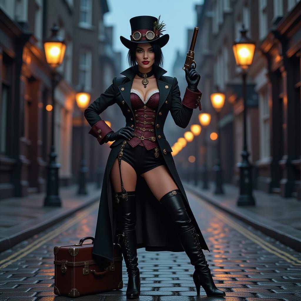 Steampunk Adventurer Poses with Pistol in Victorian London