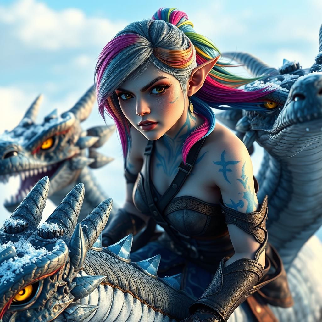 Elf Warrior on Ice Dragon in 3D Game Style