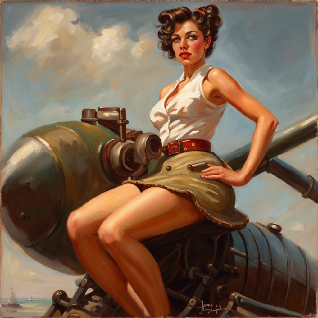Pinup girl posing on cannon