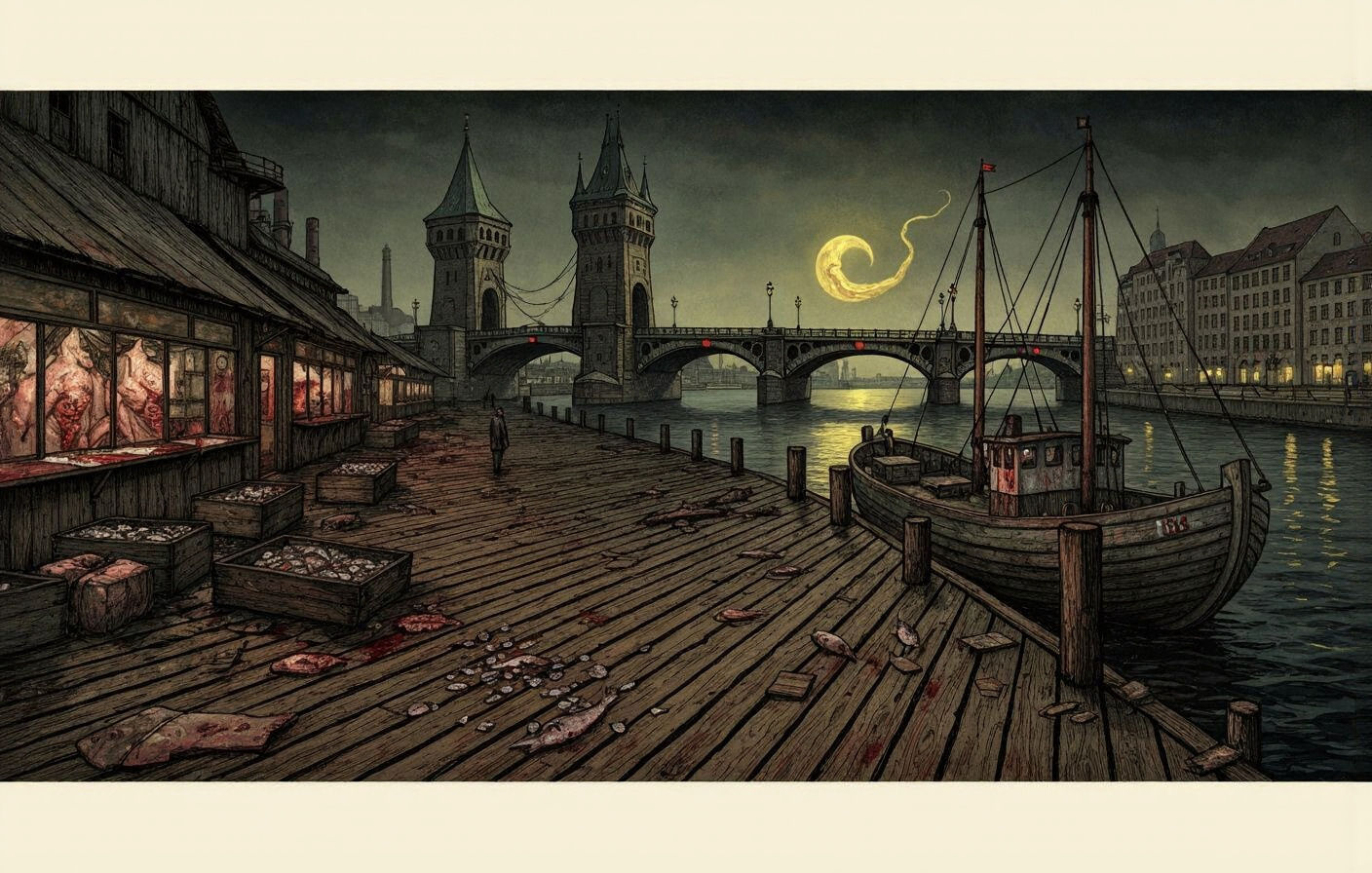 German Expressionist Dada Satire of Desolate Night Fish Mark...