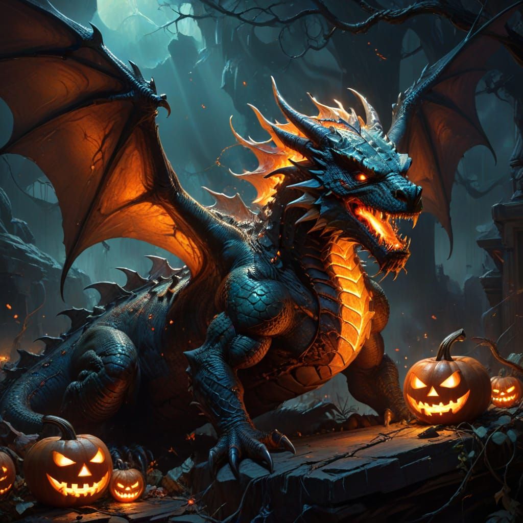 Majestic Dragon Adorned with Halloween Symbols in Dark Fanta...