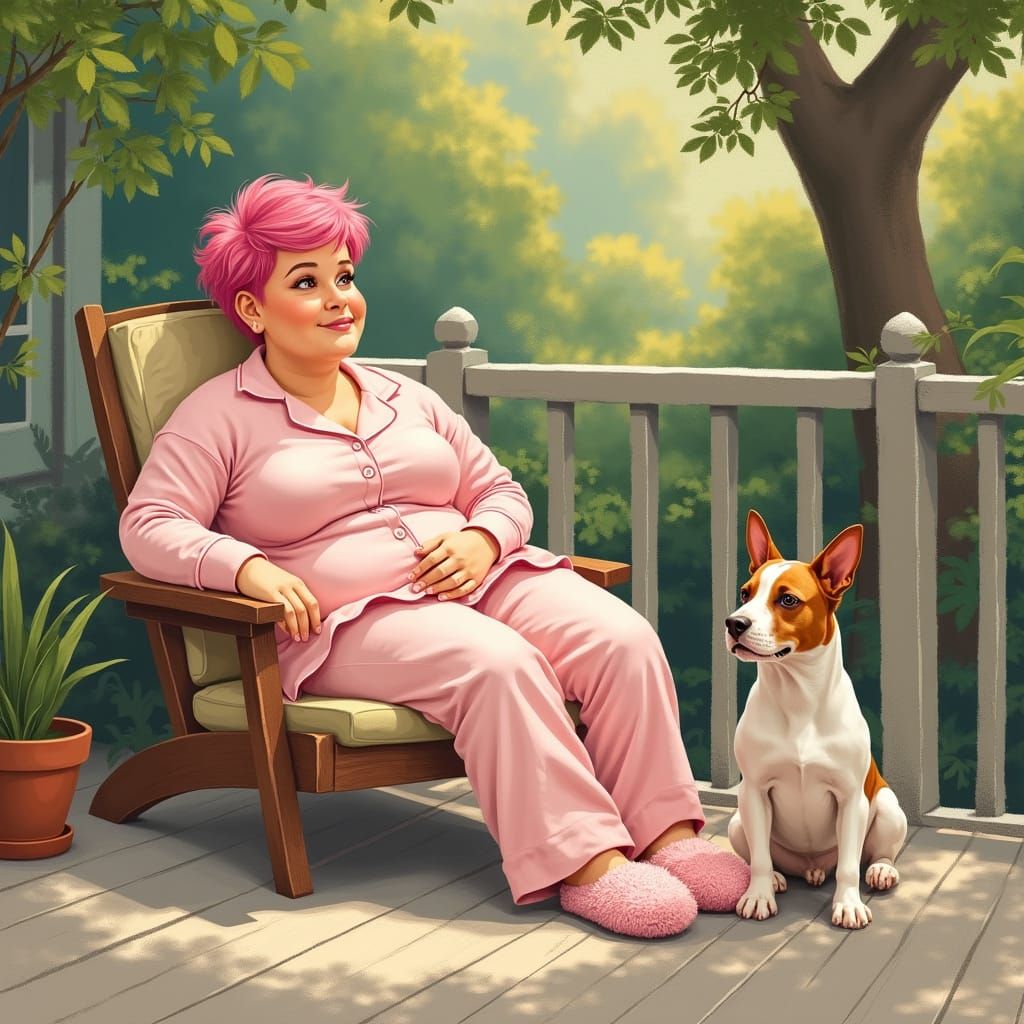 Woman Reclining on Sunny Deck with Loyal Dog