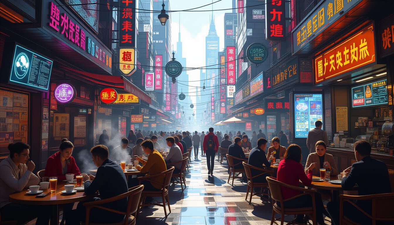 Futuristic Neon Cafe Ambiance with Holographic Ads