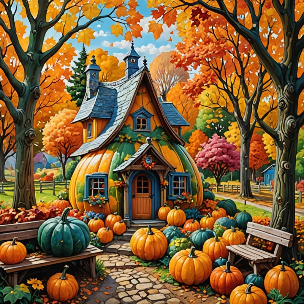 Autumn Cottage Scene Inside Transparent Gourd
