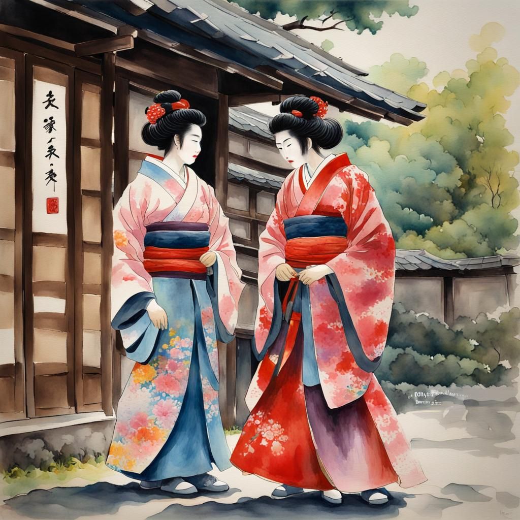 Samurai with Geishas: Gouache Impressionist Masterpiece