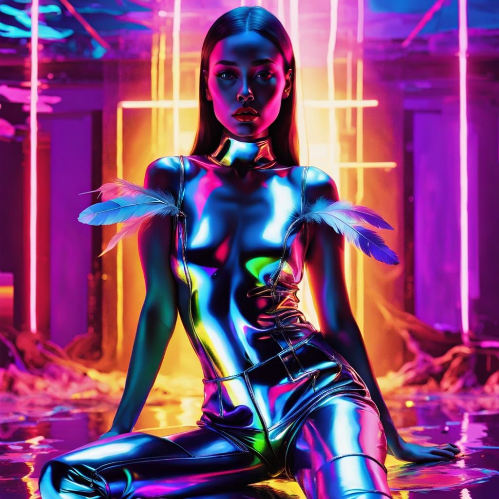 Futuristic Fashion Model in Neon Cityscape