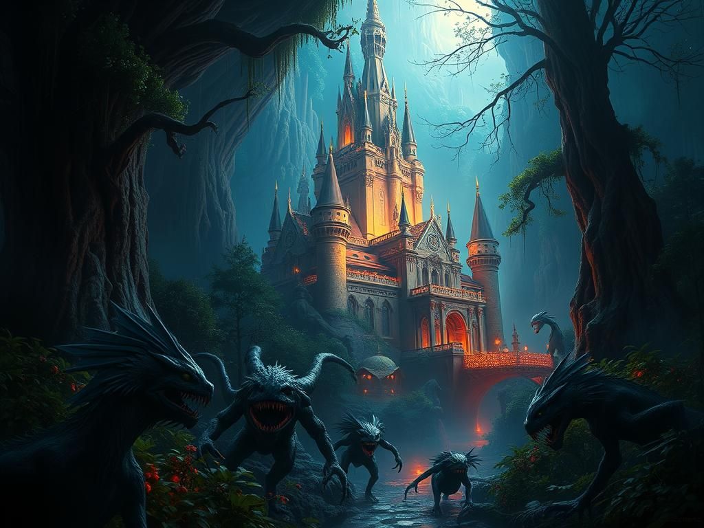 Majestic Castle in Dark Underground Forest, Art Nouveau