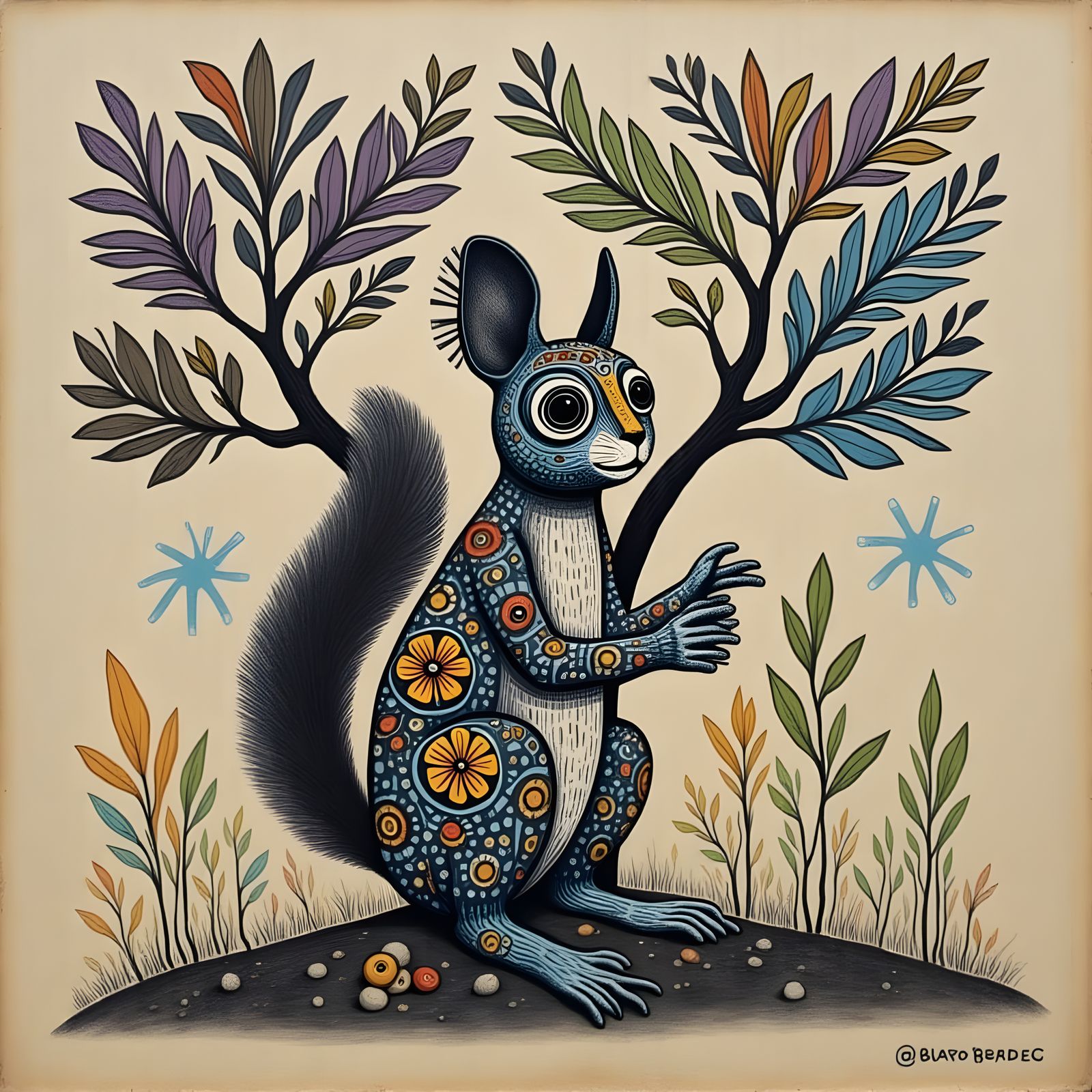 Vibrant Doll Sculpture Squirrel Perches on Tree with Wings