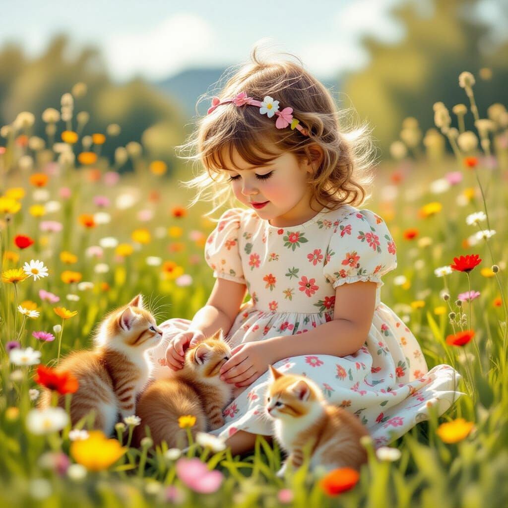 Girl with Kittens in Sunny Meadow, Potter Style