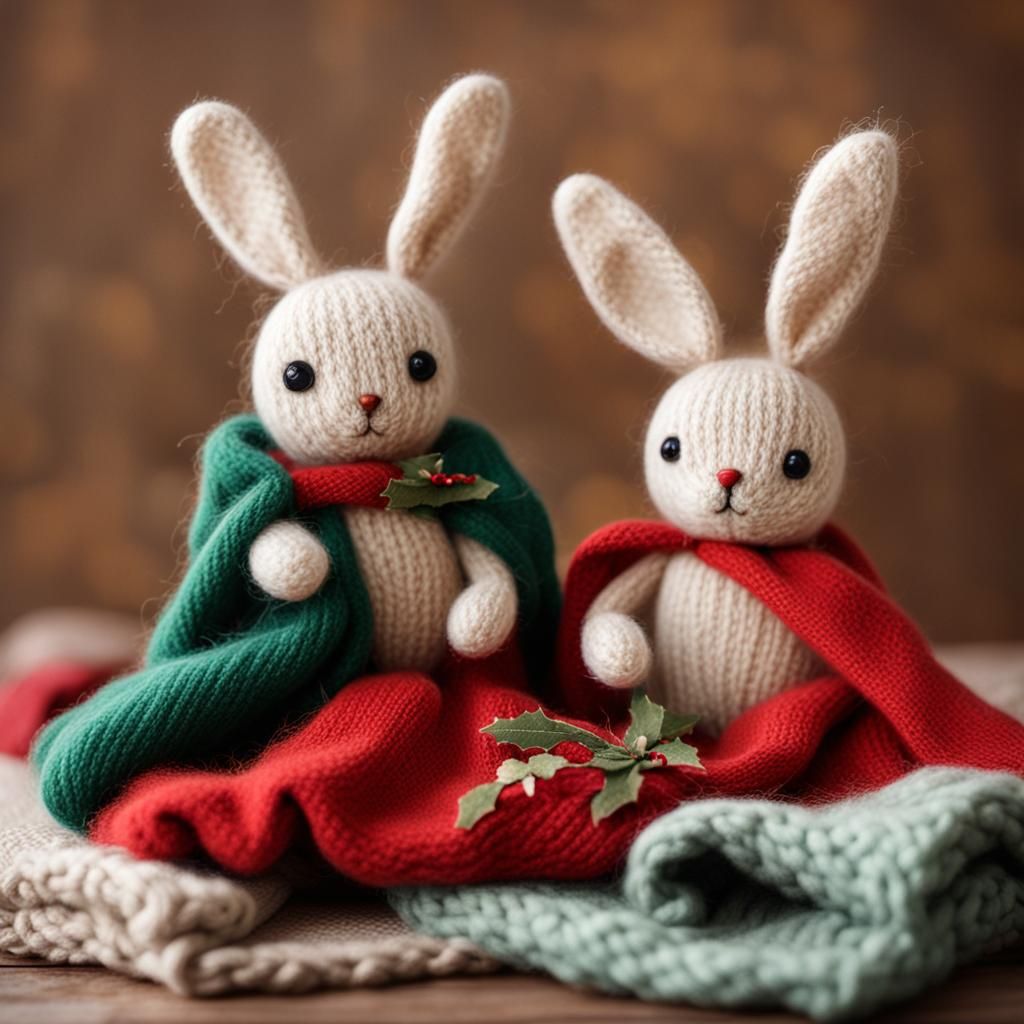 Surreal Christmas Wonderland with Adorable Wool Knit Rabbits